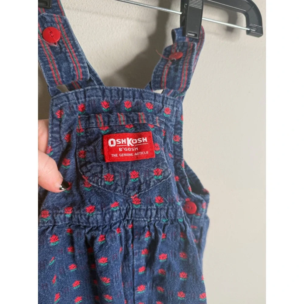 OshKosh B'Gosh Girls 18M Blue Red Vintage Floral‎ Denim Overalls Retro Casual